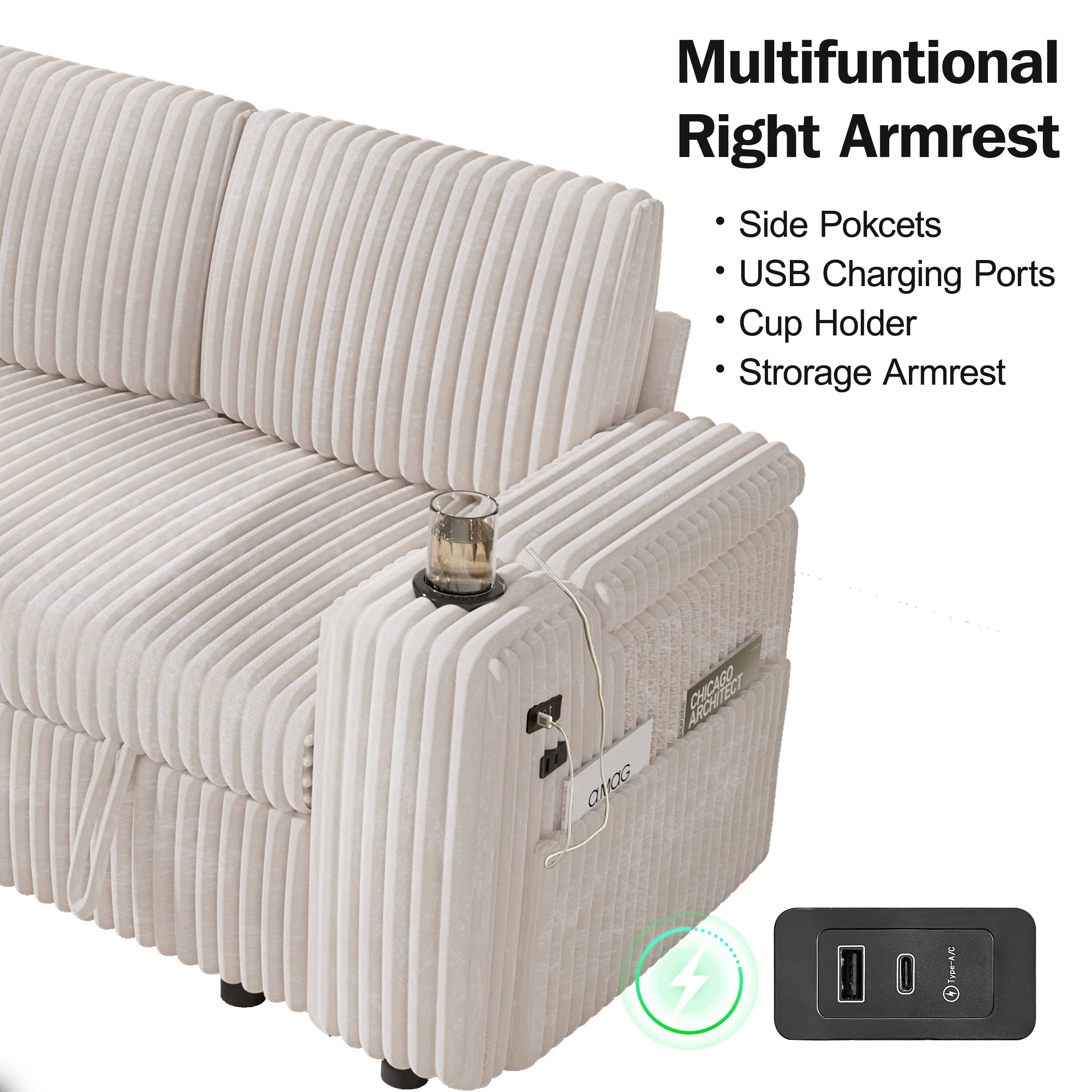 Multifunctional Right Armrest

- Side Pockets
- USB Charging Ports
- Cup Holder
- Storage Armrest