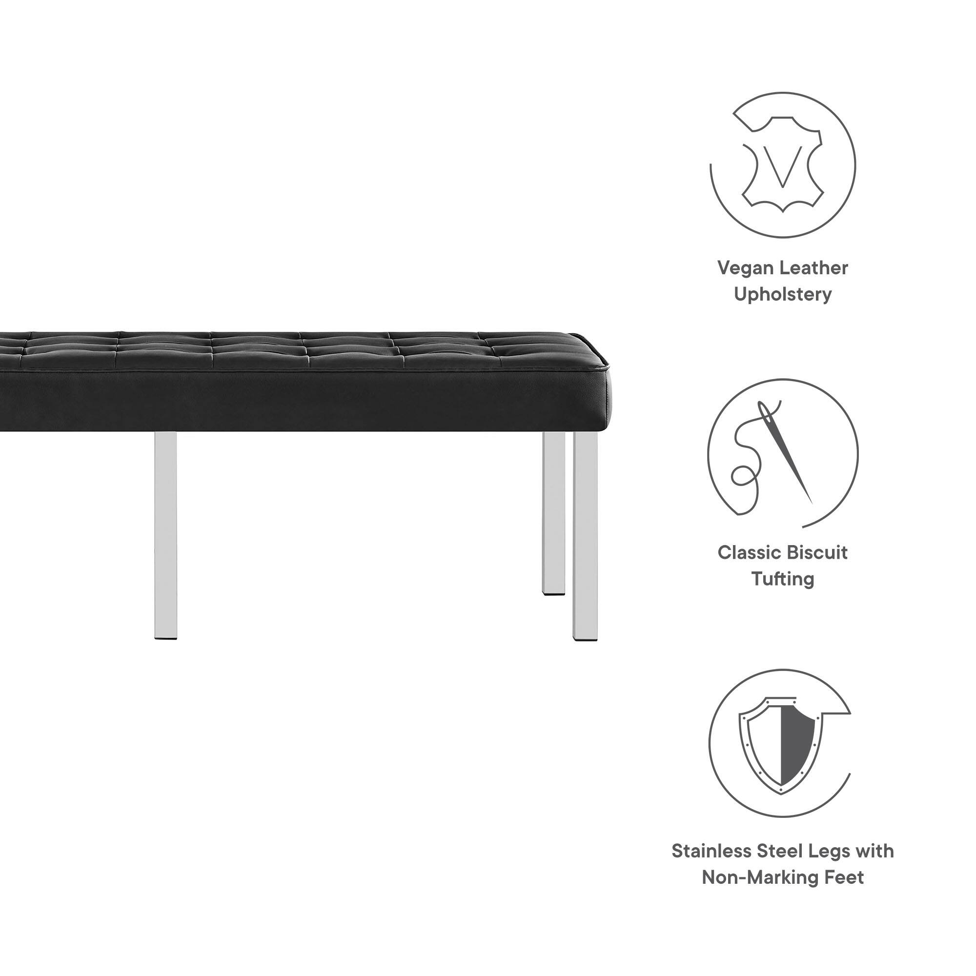 Vegan Leather Upholstery  
Classic Biscuit Tufting  
Stainless Steel Legs with Non-Marking Feet
