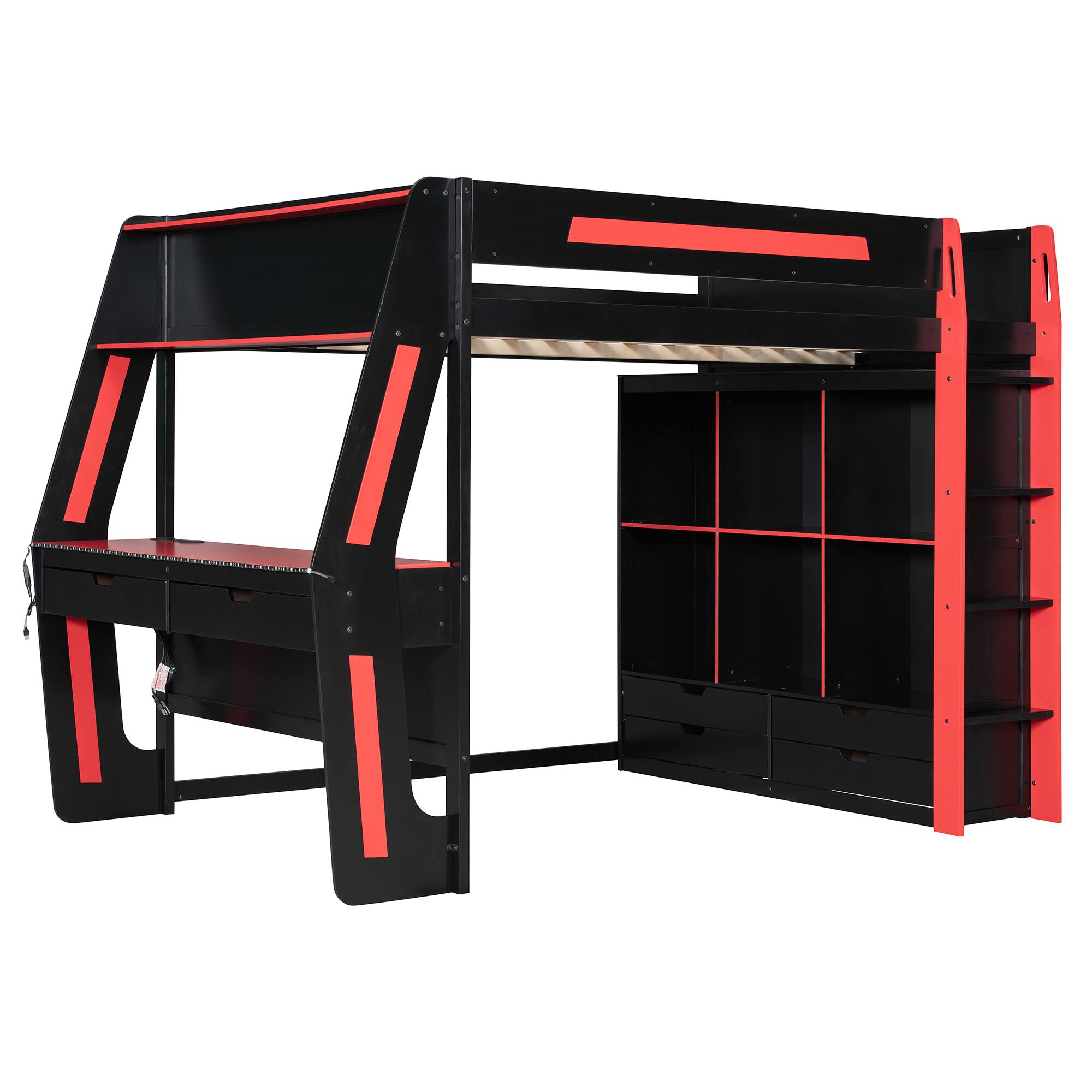 Angle. Whisen - Full Size Gaming Loft Bed,Workstation Bed Frame with Built-in Desk,6 Storage Cubbies,USB Ports and RGB LED Lights - Black+Red.