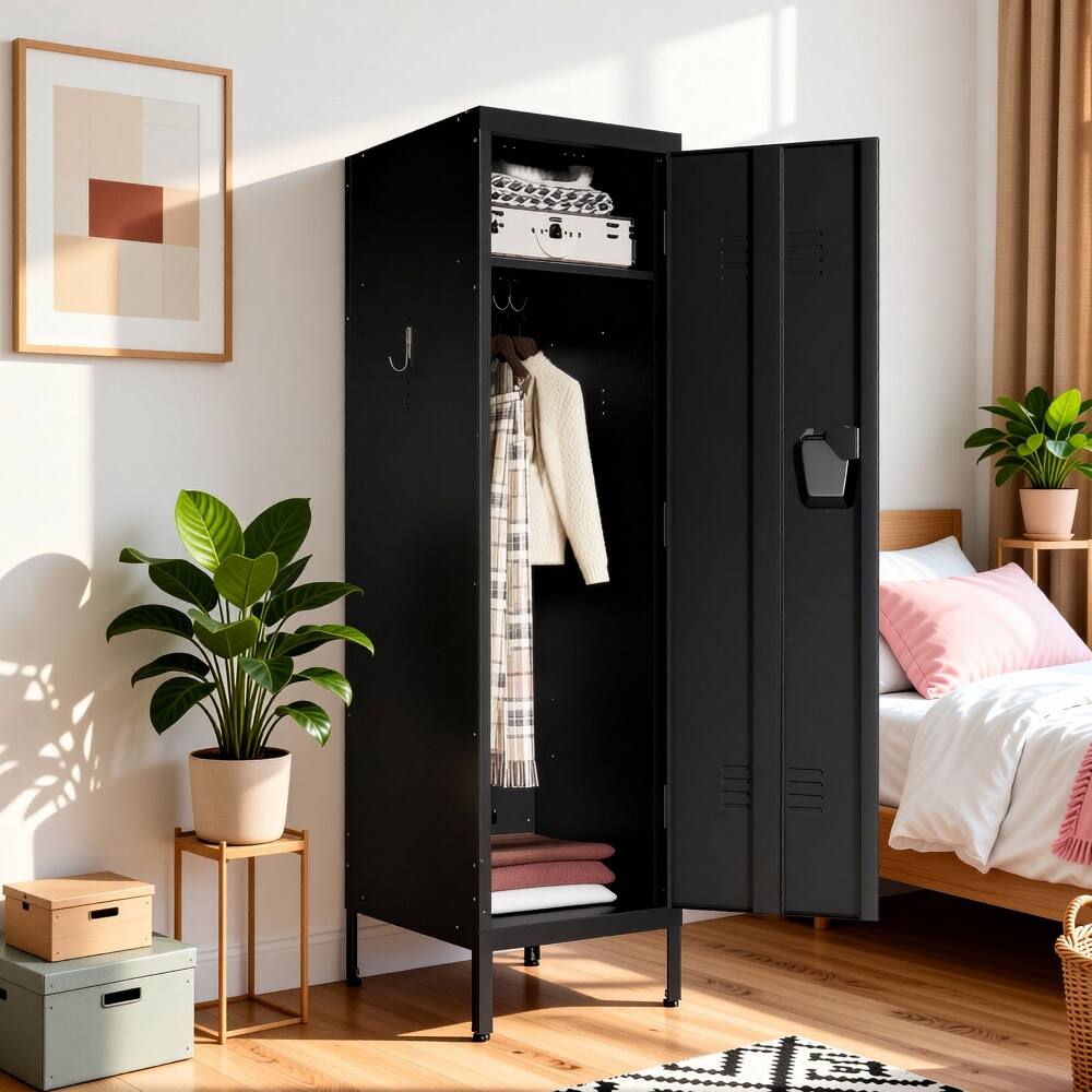 Alt View 7. Loheer - Loheer 55 Inch Tall Metal Wardrobe Cabinet, Waterproof Steel Clothing Locker with Lock and Ventilated Door - Matte Black.