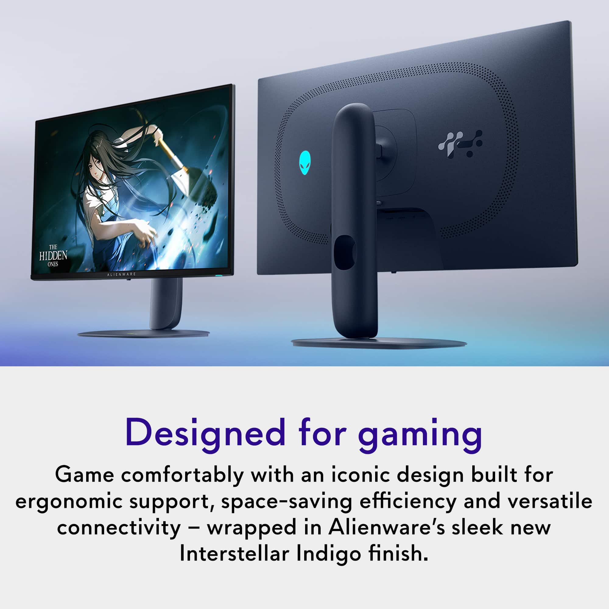 Designed for gaming
Game comfortably with an iconic design built for ergonomic support, space-saving efficiency and versatile connectivity – wrapped in Alienware's sleek new Interstellar Indigo finish.