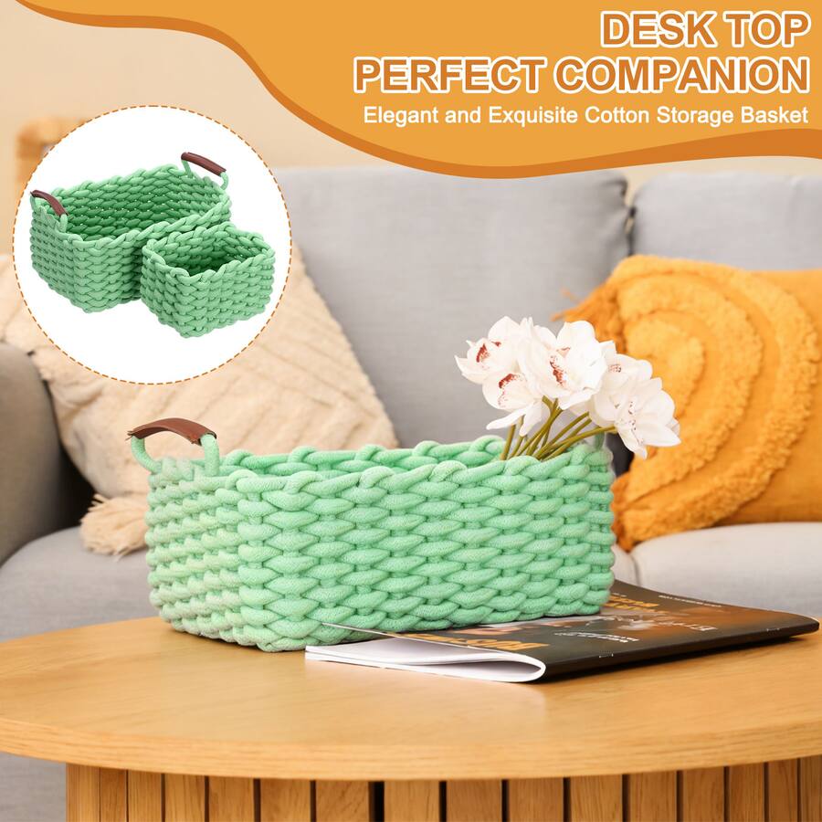 Unique Bargains 2pcs Woven Basket Cotton Rope Storage Baskets With PU Unique Bargains 2pcs Woven Basket Cotton Rope Storage Baskets With PU