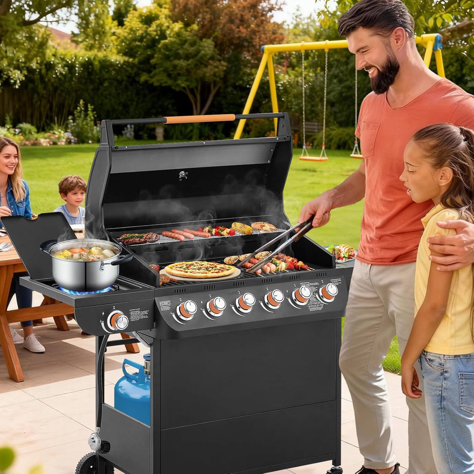 Alt View 4. Chateau Abodes - 6-Burner Propane Gas Grill with Side Burner, 72000 BTU, Porcelain-Enameled Cast Iron Grates for Outdoor, Patio - Black.
