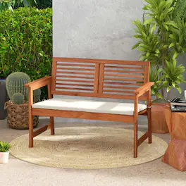 Costway - Patio Bench Outdoor Solid Wood Loveseat Chair with Backrest & Cushion Porch Garden - Natural/Off White