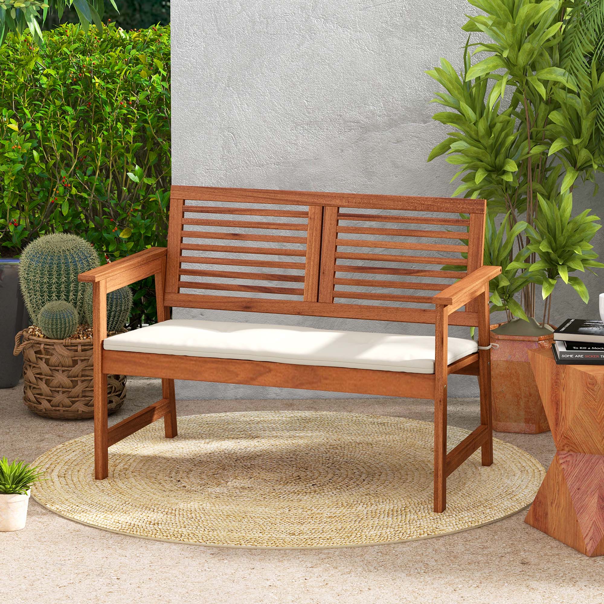 Alt View 1. Costway - Costway Patio Bench Outdoor Solid Wood Loveseat Chair with Backrest & Cushion Porch Garden - Natural,Off White.