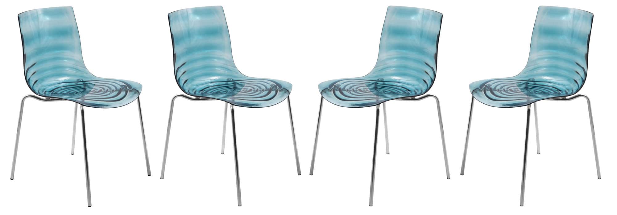 Front. LeisureMod - Set of 4 Astor Modern Plastic Side Dining Chair with Accent Sturdy Metal Legs and Ripple Seat for Home or Office - Transparent Blue.