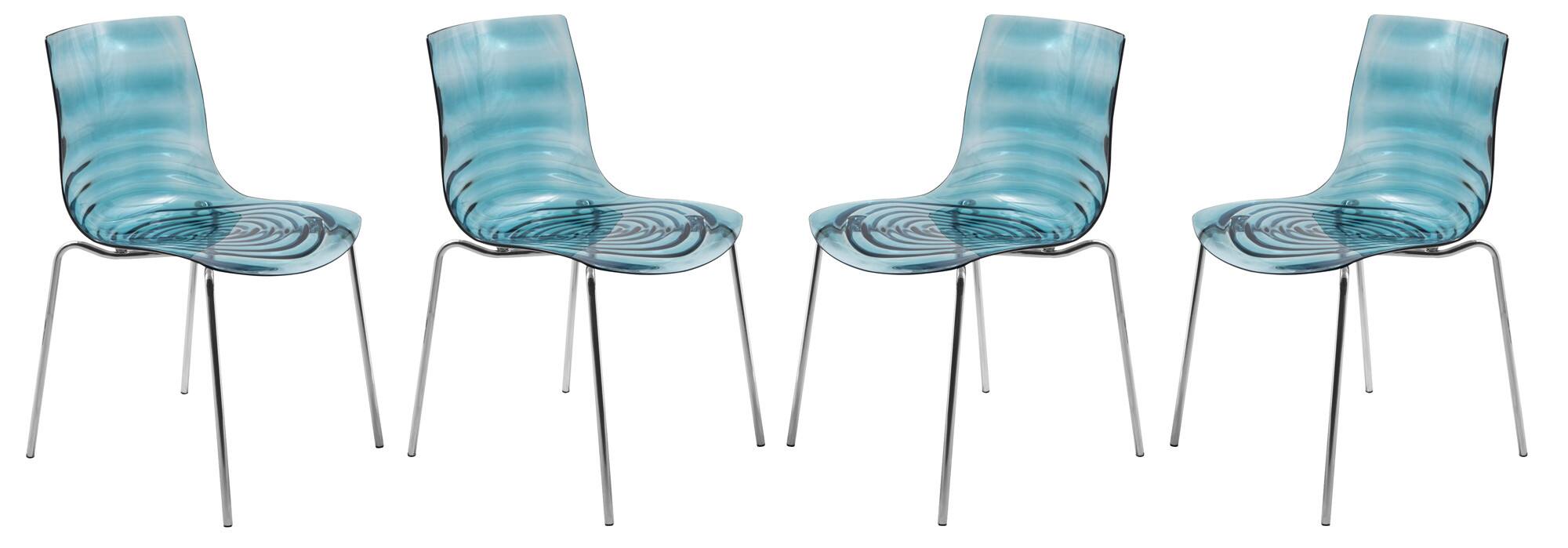 Front. LeisureMod - Set of 4 Astor Modern Plastic Side Dining Chair with Accent Sturdy Metal Legs and Ripple Seat for Home or Office - Transparent Blue.