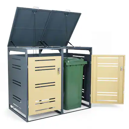 Front. Costway - Costway 44 CU.FT Outdoor Metal Garbage Bin Storage Shed with Gas Strut & Shock Absorber - Gray & Yellow.