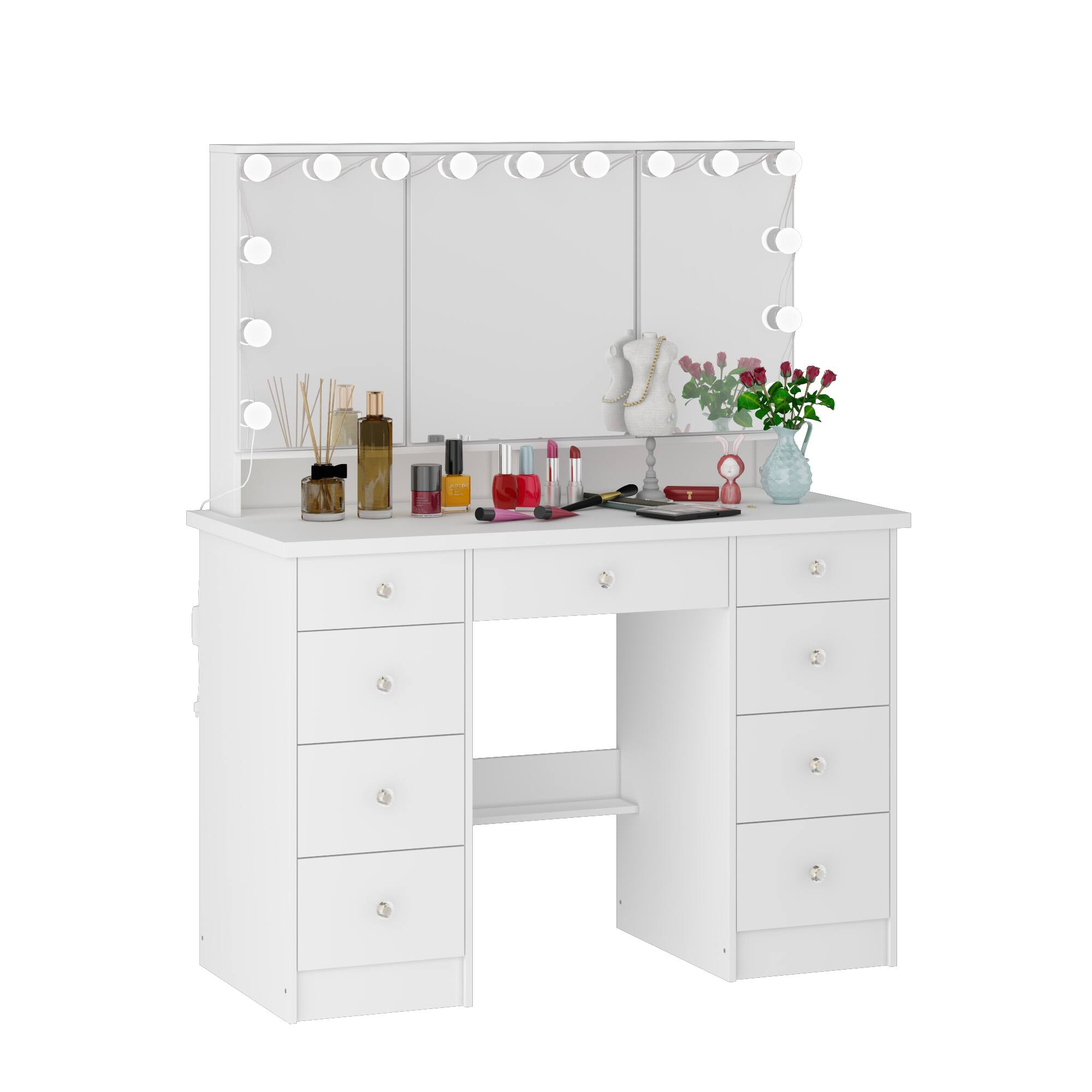 Angle. Famapy - Hollywood-Style Vanity Set w/Tri-Light Mirror & Storage 3-Color Dimmable Lights Space-Saving Makeup Desk - White.