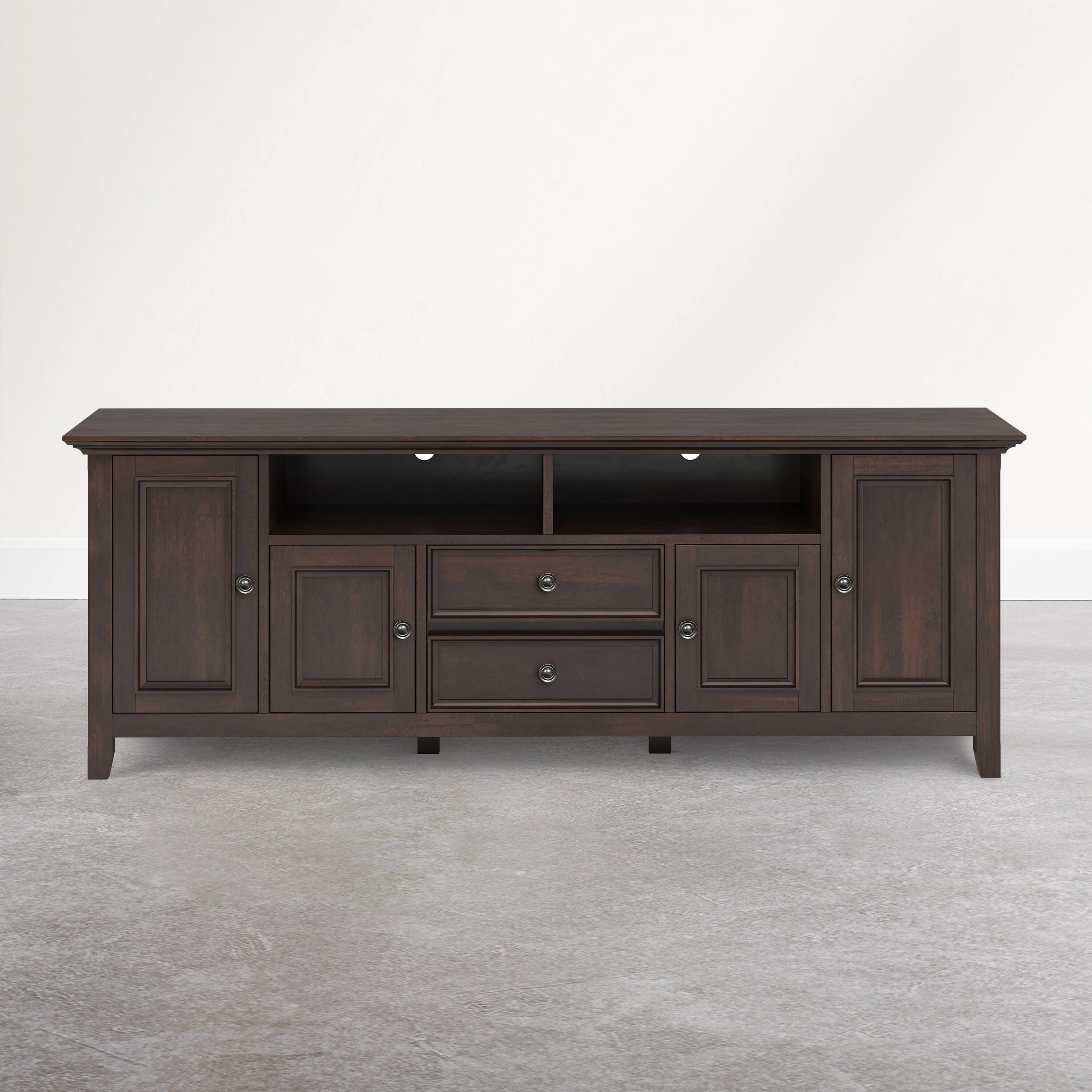 Back. Simpli Home - Amherst 72 inch Wide Solid Wood Transitional TV Stand - Mocha Brown.