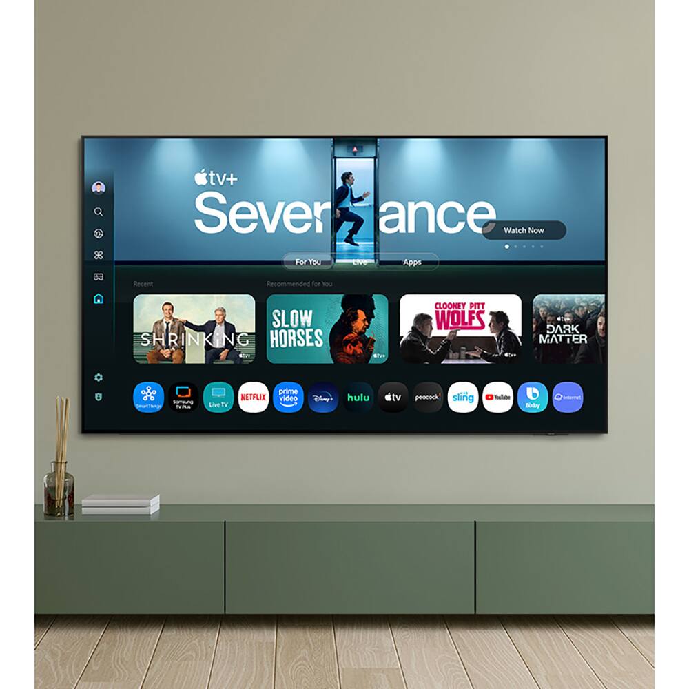 Sure, here is the corrected and grouped text from the image:

---

**Top Section:**
- Severance
- Watch Now

**Tabs:**
- Recent
- Recommended for You

**Recommended for You:**
- Shrinking
- Slow Horses
- Clooney Pitt Wolves
- Dark Matter

**Apps:**
- Apple TV+
- Netflix
- Disney+
- Prime Video
- Hulu
- Apple TV
- Peacock
- Sling
- Apple Music
- HBO Max
- Paramount+

**Live TV:**
- Live TV

**Search Bar:**
- Search

**Profile Icon:**
- (Profile Icon)

**Menu Icon:**
- (Menu Icon)

**Home Icon:**
- (Home Icon)

**Settings Icon:**
- (Settings Icon)

**Notifications Icon:**
- (Notifications Icon)

**Apple TV+ Icon:**
- (Apple TV+ Icon)

**Apple TV+ Logo:**
- (Apple TV+ Logo)

**Apple TV+ App Icon:**
- (Apple TV+ App Icon)

**Apple TV+ App Name:**
- Apple TV+

**Apple TV+ App Description:**
- Watch Now

**Apple TV+ App Button:**
- Watch Now

**