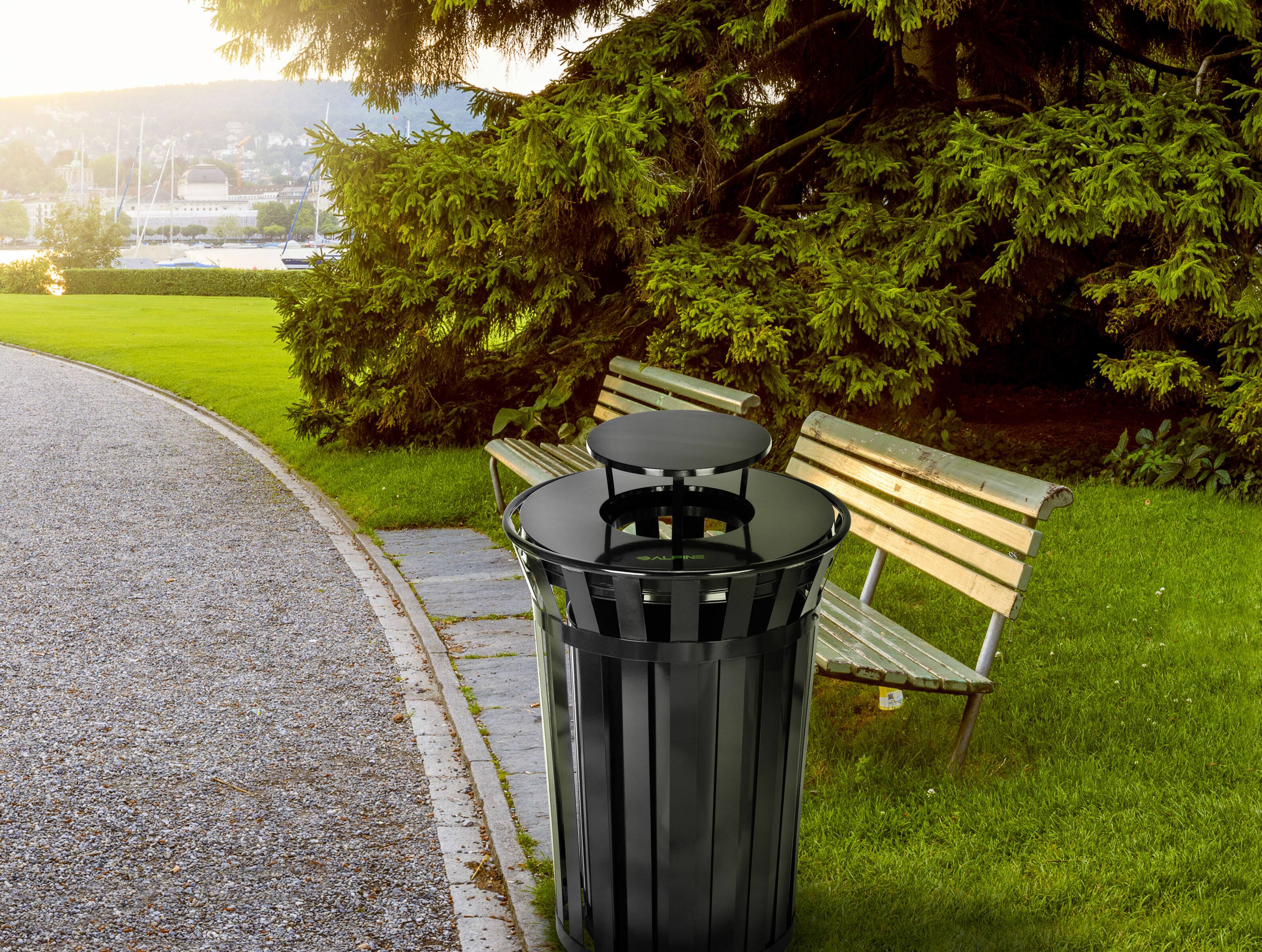 Alt View 10. Alpine Industries - 38 Gallon Outdoor Metal Recycling Bin Trash Can with Rain Bonnet Lid and Liner - Black.