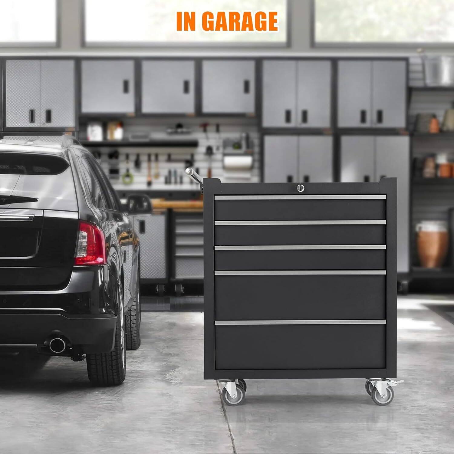 Angle. Acekool - 5-Drawers Tool Storage Cabinet, Toolbox with Wheels - Black.