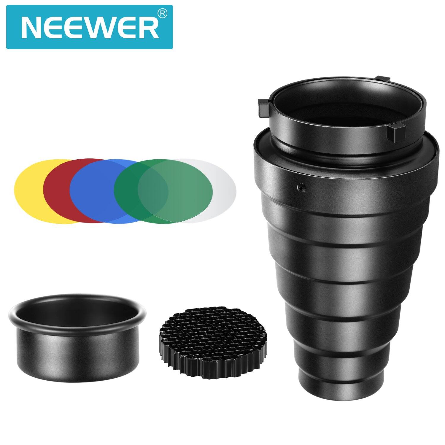 Angle. Neewer - Bowens Snoot with Grid & 5 Filters for Studio Strobe/Monolight, Aluminum.