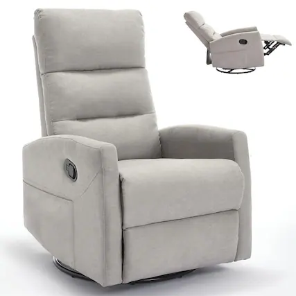 Front. Kadyn - Manual Recliner Chair with Rocker & Swivel, 155° Recline, Beige Fabric, Tool-Free Assembly, Gray - Gray.