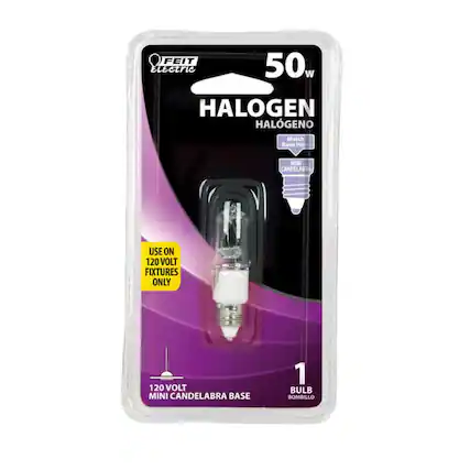 FEIT Electric
50W
HALOGEN
HALÓGENO
Match Base Here
MINI CANDELABRA
USE ON 120 VOLT FIXTURES ONLY
120 VOLT MINI CANDELABRA BASE
1 BULB
BOMBILLO