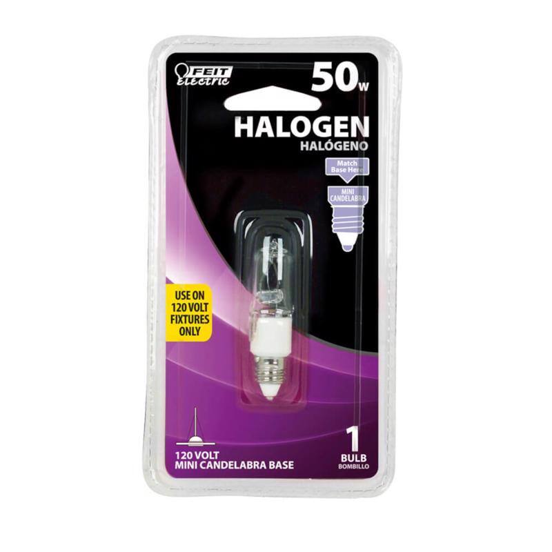 FEIT Electric  
50W  
HALOGEN  
HALÓGENO  

Match Base Here  
MINI CANDELABRA  

USE ON 120 VOLT FIXTURES ONLY  

120 VOLT MINI CANDELABRA BASE  

1 BULB  
BOMBILLO