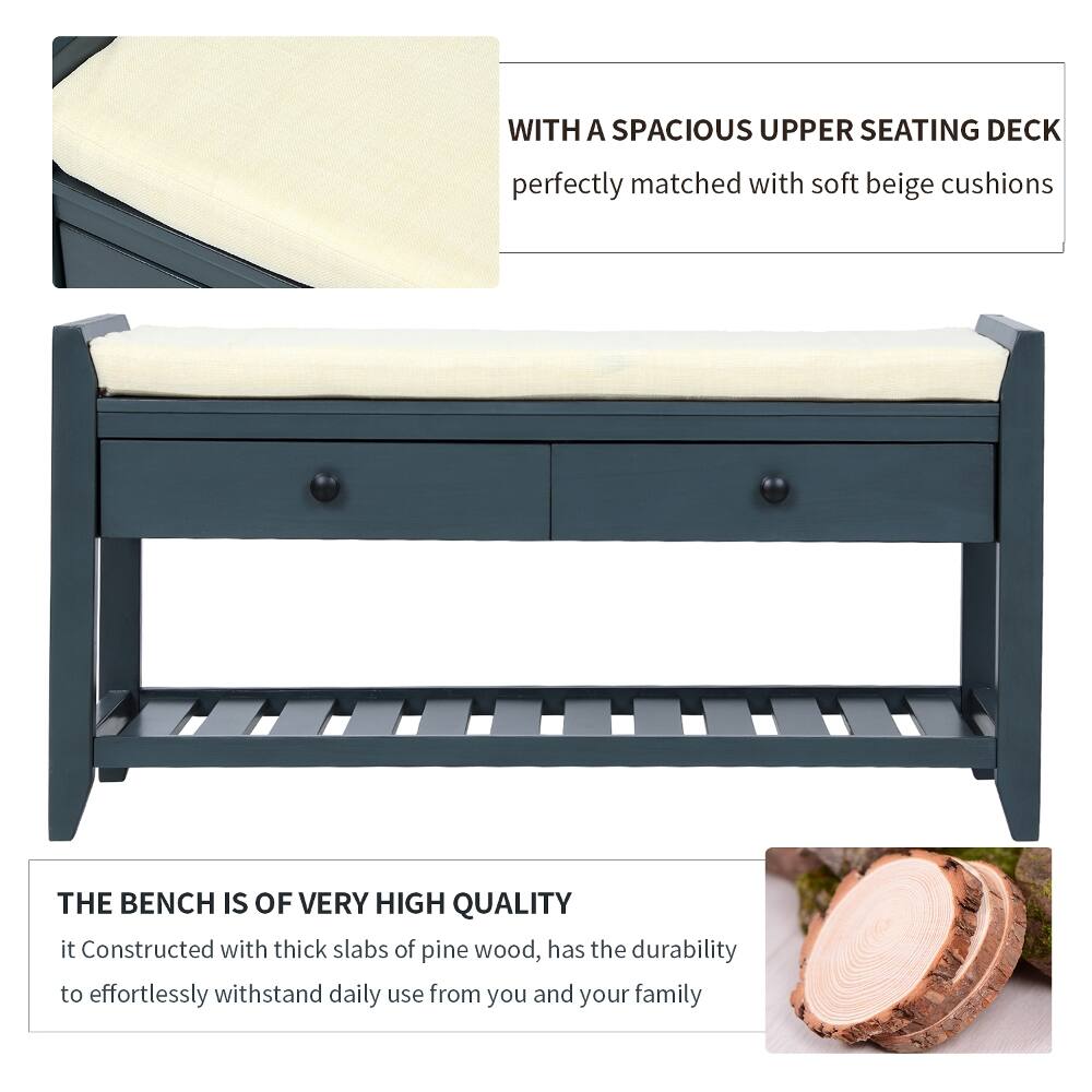 WITH A SPACIOUS UPPER SEATING DECK  
perfectly matched with soft beige cushions  

THE BENCH IS OF VERY HIGH QUALITY  
it is constructed with thick slabs of pine wood, has the durability to effortlessly withstand daily use from you and your family