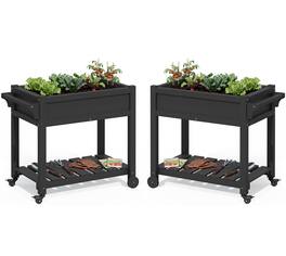 SERWALL - Raised Garden Bed on Wheels with Storage Shelf Set of 2 - Black