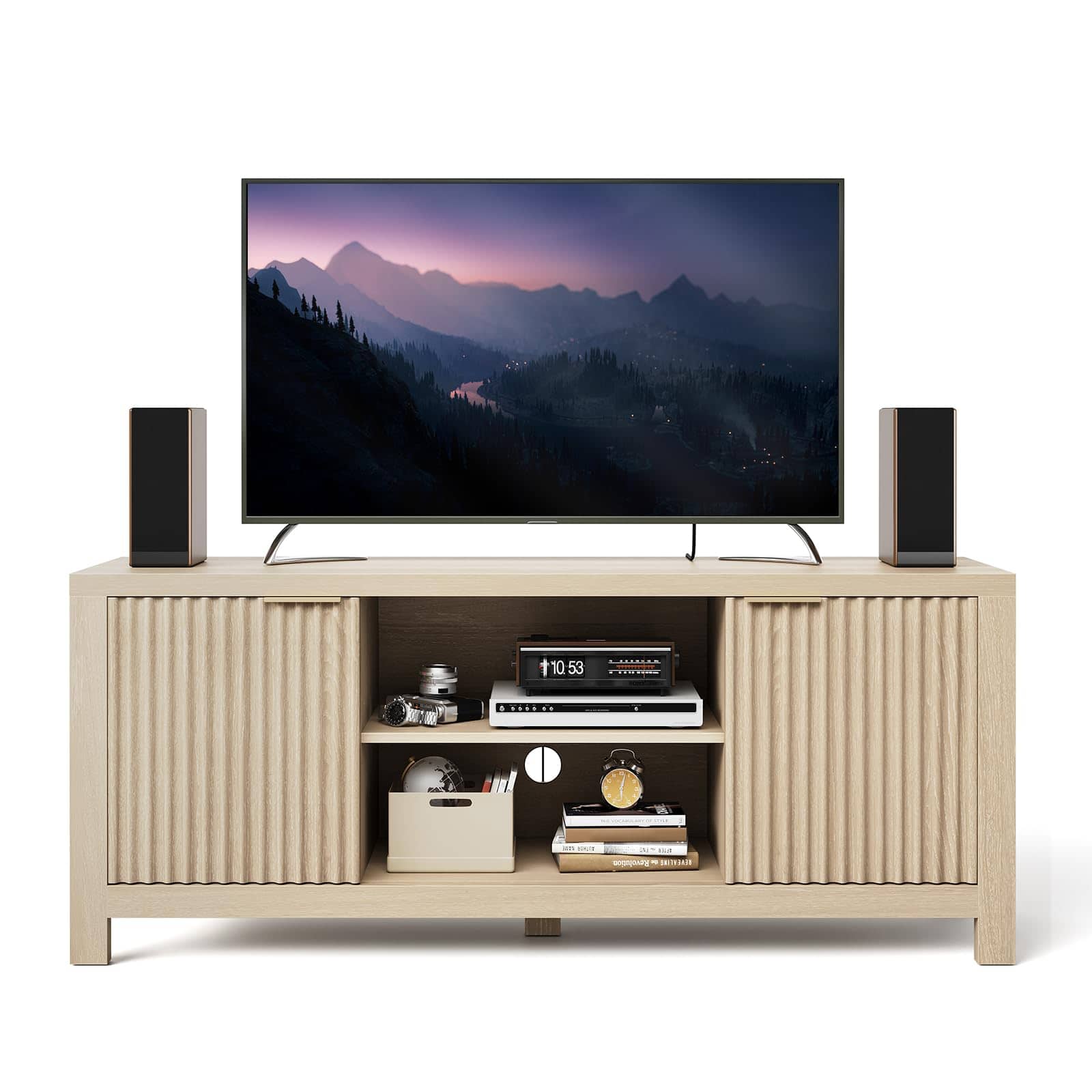 GAOMON - 59" Fluted TV Stand for 65 Inch TV, Modern Entertainment Center with Open Shelves & 2 Storage Cabinets - Natural