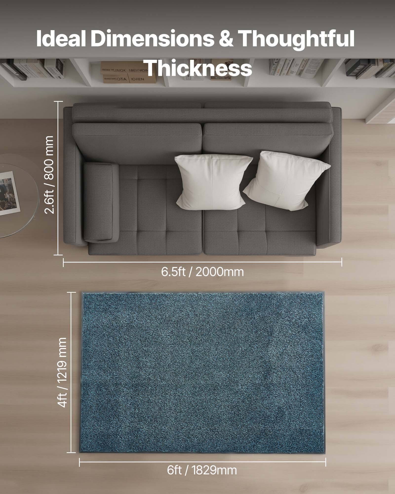 Ideal Dimensions & Thoughtful Thickness

- Sofa: 6.5ft / 2000mm (width) x 2.6ft / 800mm (depth)
- Rug: 6ft / 1829mm (width) x 4ft / 1219mm (length)