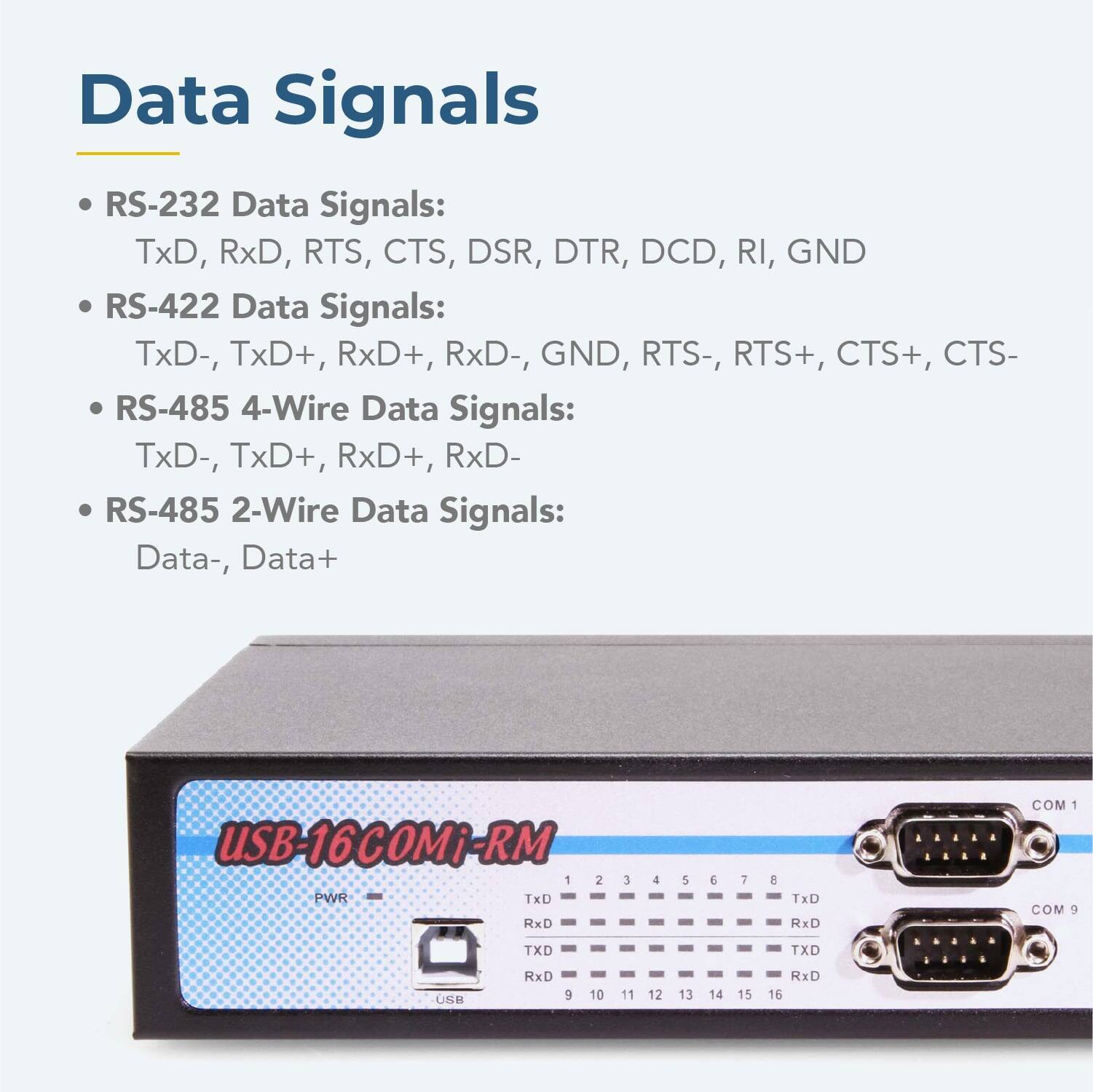 Data Signals

- RS-232 Data Signals: TxD, RxD, RTS, CTS, DSR, DTR, DCD, RI, GND
- RS-422 Data Signals: TxD-, TxD+, RxD+, RxD-, GND, RTS-, RTS+, CTS+, CTS-
- RS-485 4-Wire Data Signals: TxD-, TxD+, RxD+, RxD-
- RS-485 2-Wire Data Signals: Data-, Data+

USB-16COMi-RM

1 2 3 4 PWR TxD RxD 5 E 7 E TxD RxD COM 1 COM 9

TXD TXD USB RxD 5 10 11 12 13 14 15 RxD 16