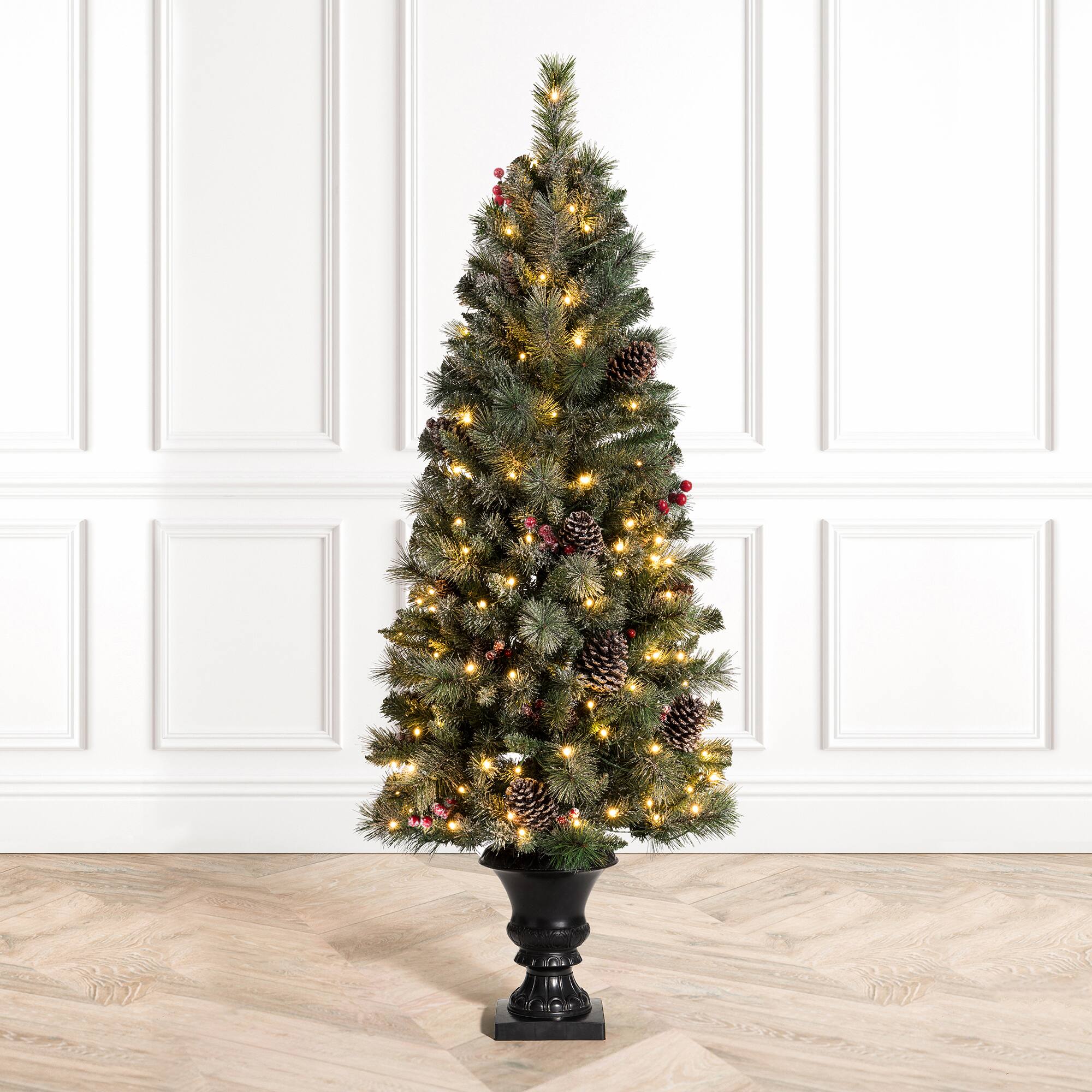 Alt View 8. Glitzhome - Set of Two 5ft Pre-Lit Flocked Pine Artificial Christmas Porch Tree with 130 Warm White Lights - White.