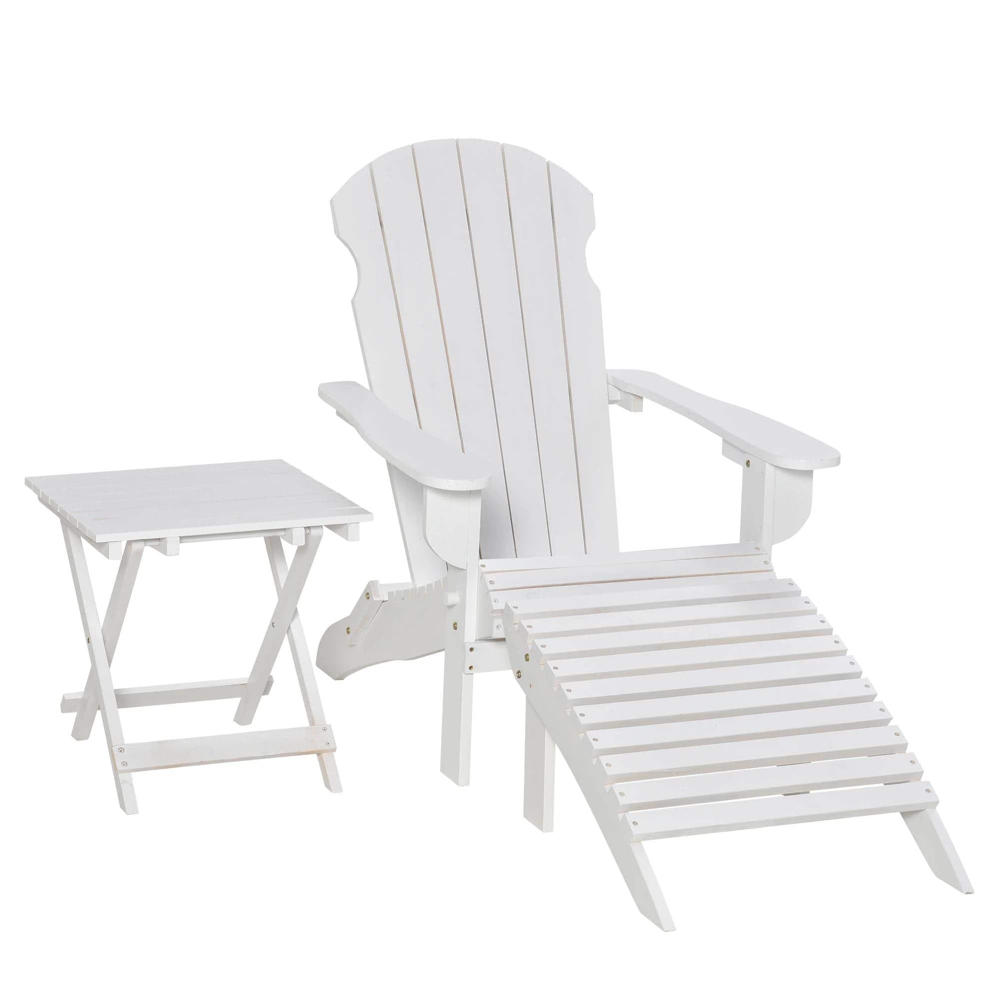 Resenkos - 3-Piece Folding Chair With Ottoman And Side Table, Outdoor Wooden Fire Pit Chairs w/ High-back - White