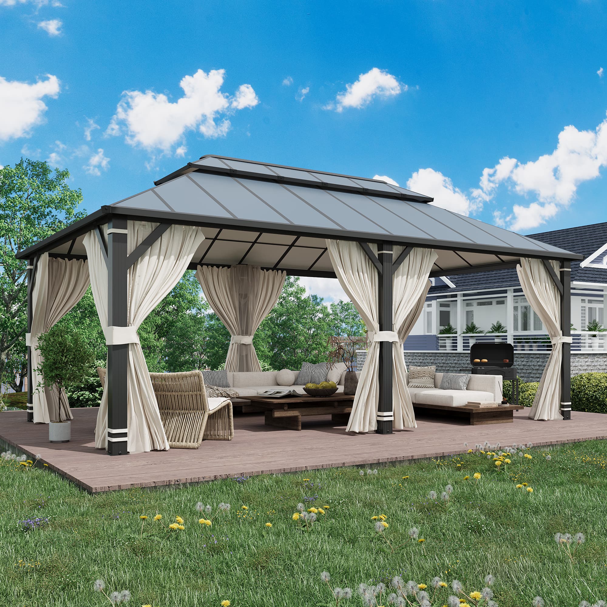 Front. U-HOMY - 12'x20' Hardtop Gazebo, Waterproof Aluminum Pavilion with Netting & Curtains for Patio, Garden - Dusty Blue.