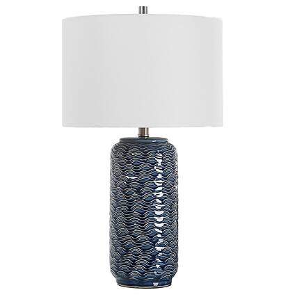 Front. Manhattan Lane - 27 Inch Ceramic Table Lamp, Wavy Texture - Blue, Silver and White.