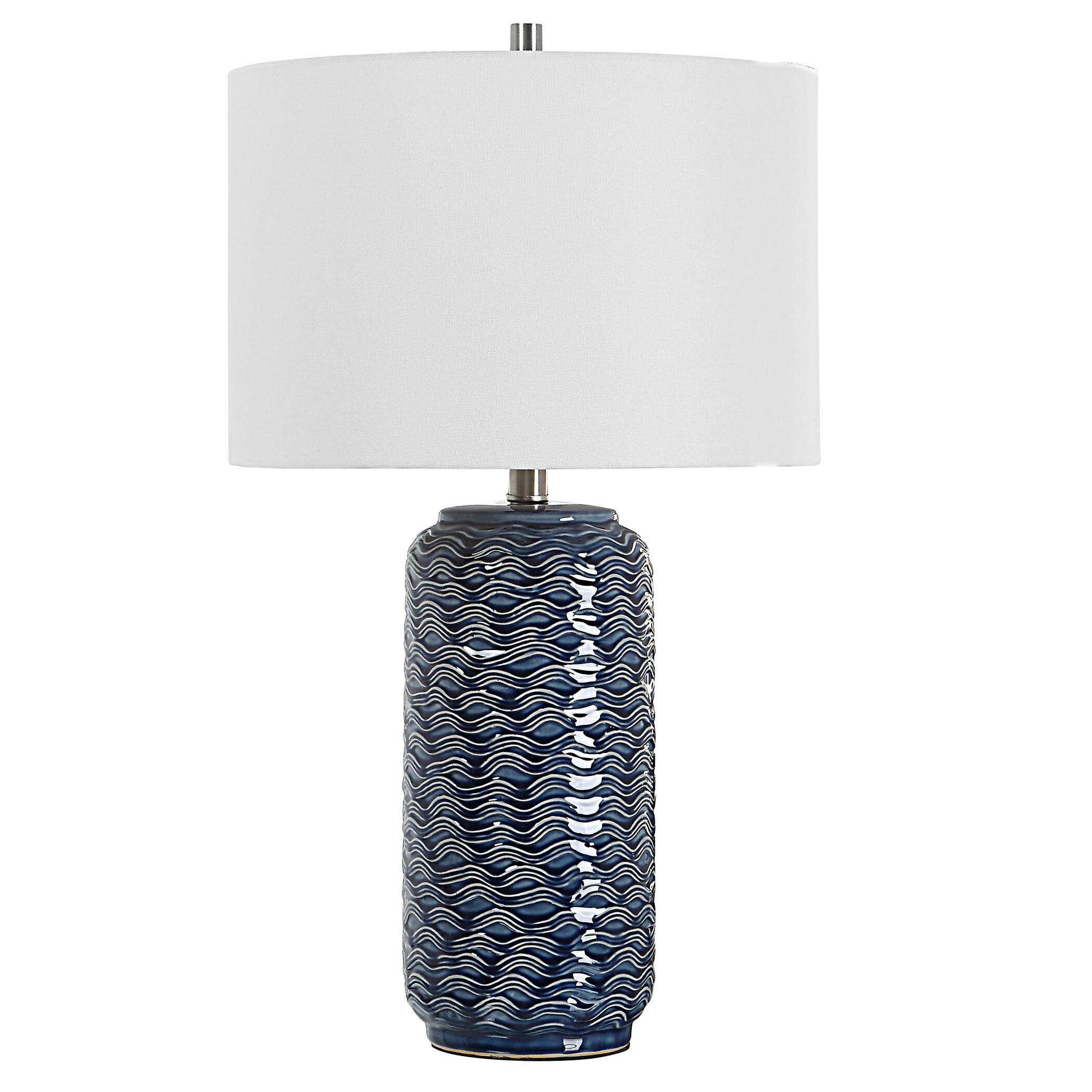 Front. Manhattan Lane - 27 Inch Ceramic Table Lamp, Wavy Texture - Blue, Silver and White.