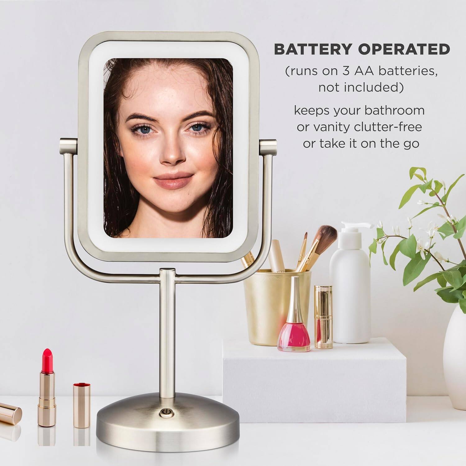 BATTERY OPERATED  
(runs on 3 AA batteries, not included)  
keeps your bathroom or vanity clutter-free or take it on the go