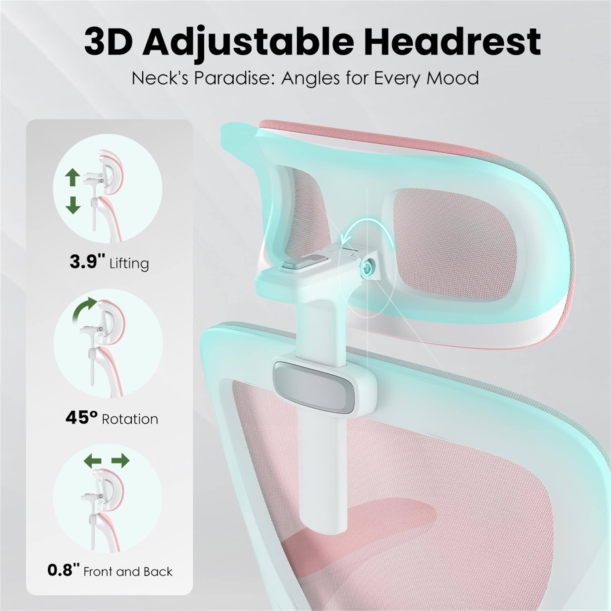 3D Adjustable Headrest  
Neck's Paradise: Angles for Every Mood

3.9" Lifting  
45° Rotation  
0.8" Front and Back