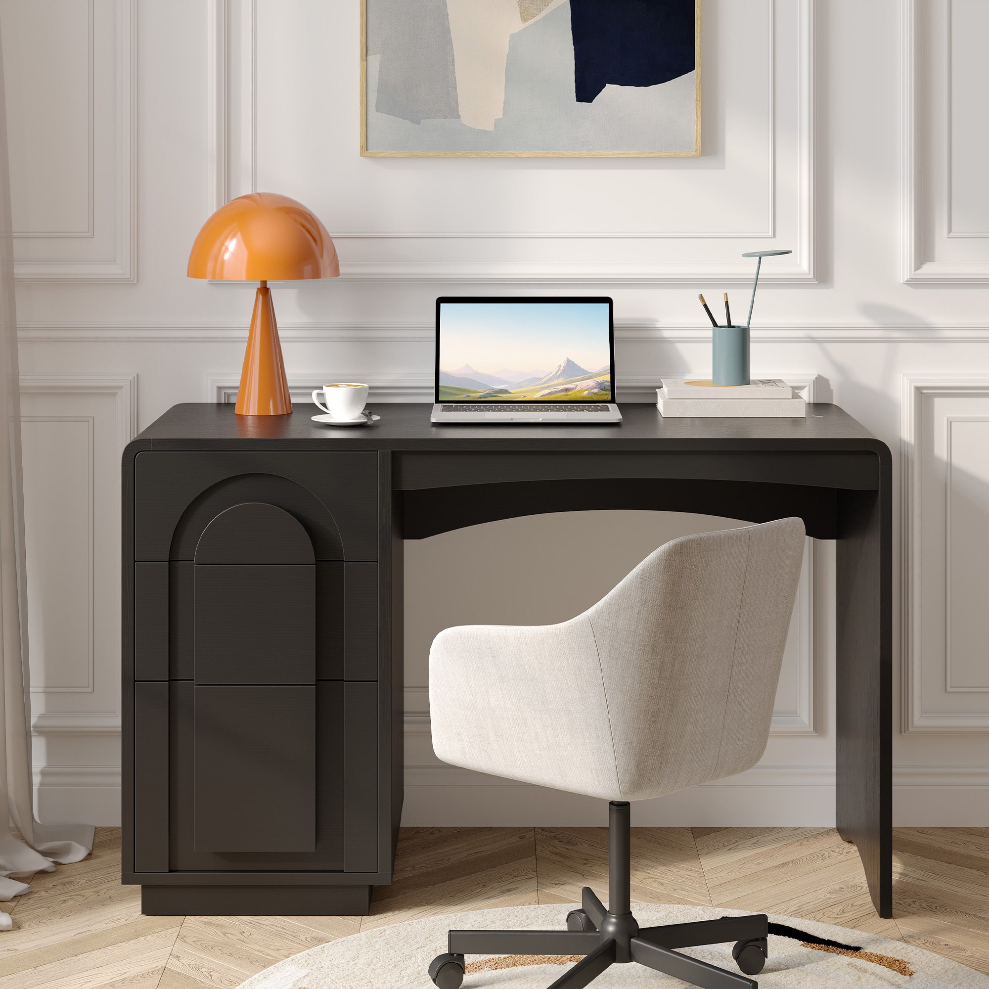 Front. Bestier - 47.2 Inch Office Desk with 3 Versatile Drawers and Sliding Rails, Modern Curved Rounded Corner for Home Office Desk - Black.