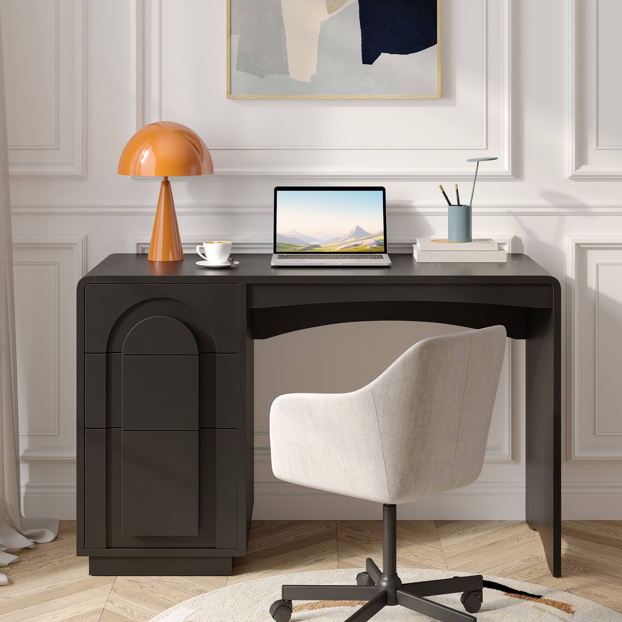 Alt View 4. Bestier - 47.2 Inch Office Desk with 3 Versatile Drawers and Sliding Rails, Modern Curved Rounded Corner for Home Office Desk - Black.
