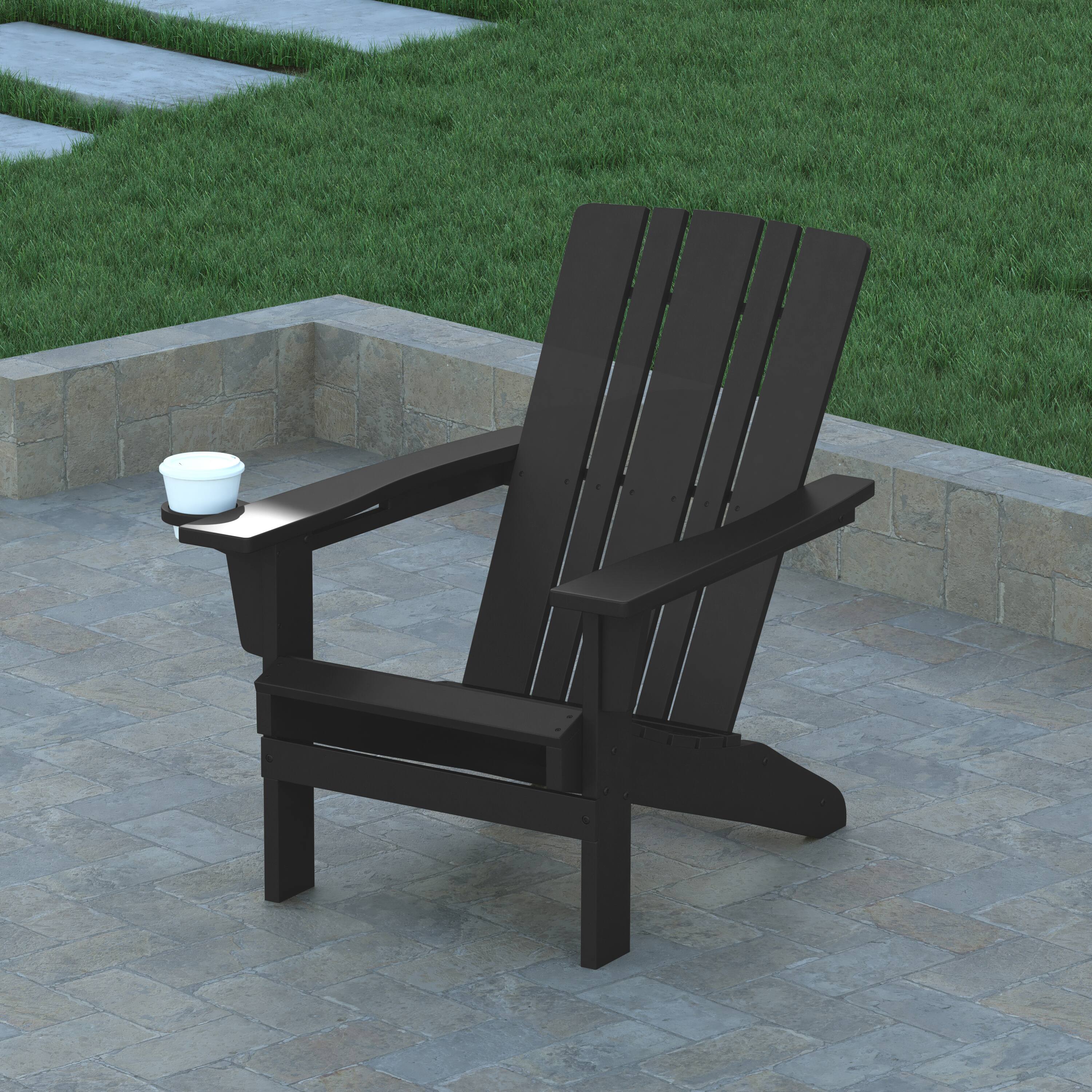 Alt View 3. Emma + Oliver - Haley Adirondack Chair with Cup Holder, Weather Resistant HDPE Adirondack Chair - Black.