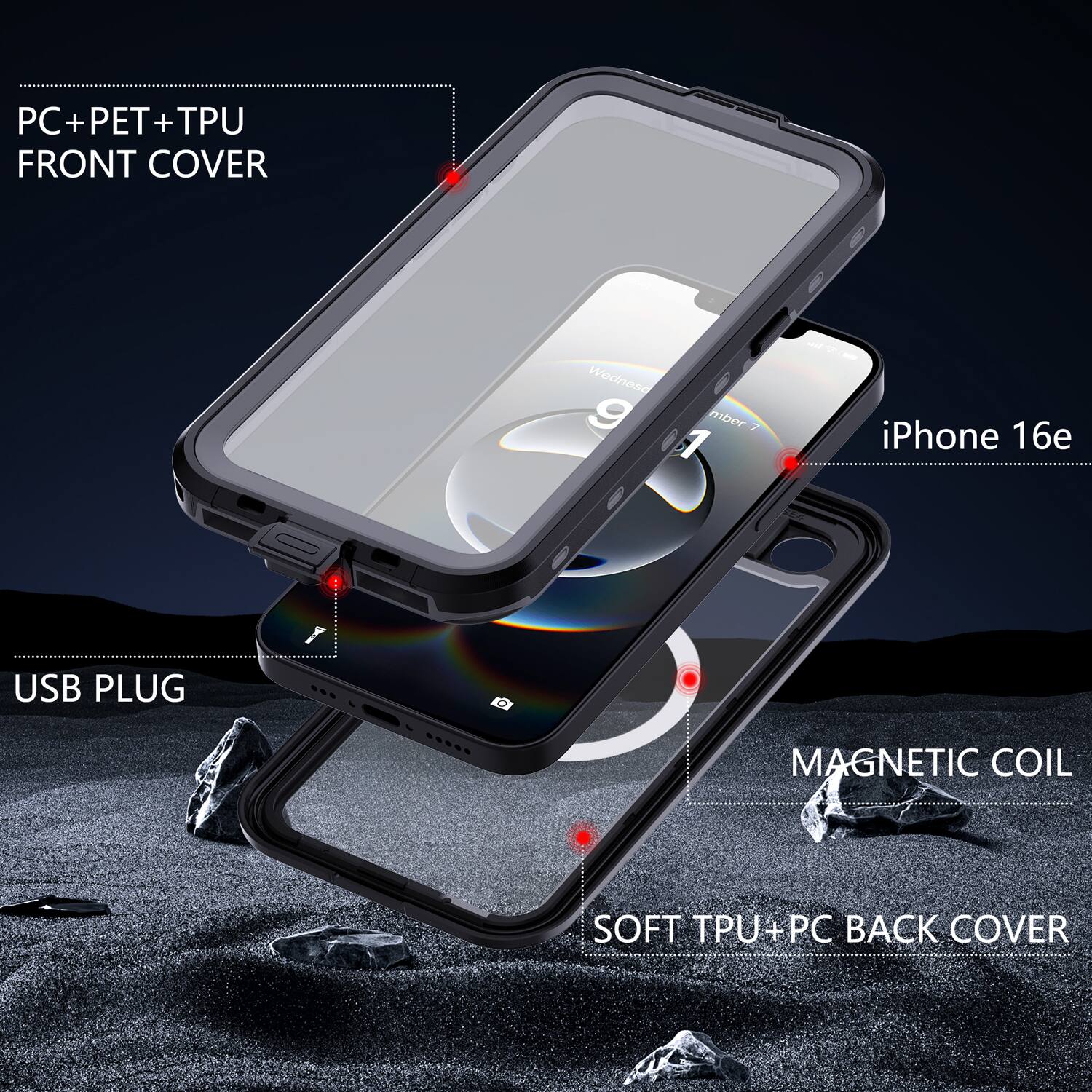 PC+PET+TPU FRONT COVER  
Wednese g mbor 7 1 Ar iPhone 16e USB PLUG 1 .. O MAGNETIC COIL SOFT TPU+PC PC BACK COVER