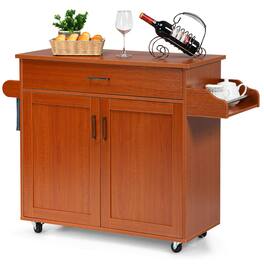 Costway - Rolling Kitchen Island Cart Storage Cabinet w/ Towel & Spice Rack - Cherry