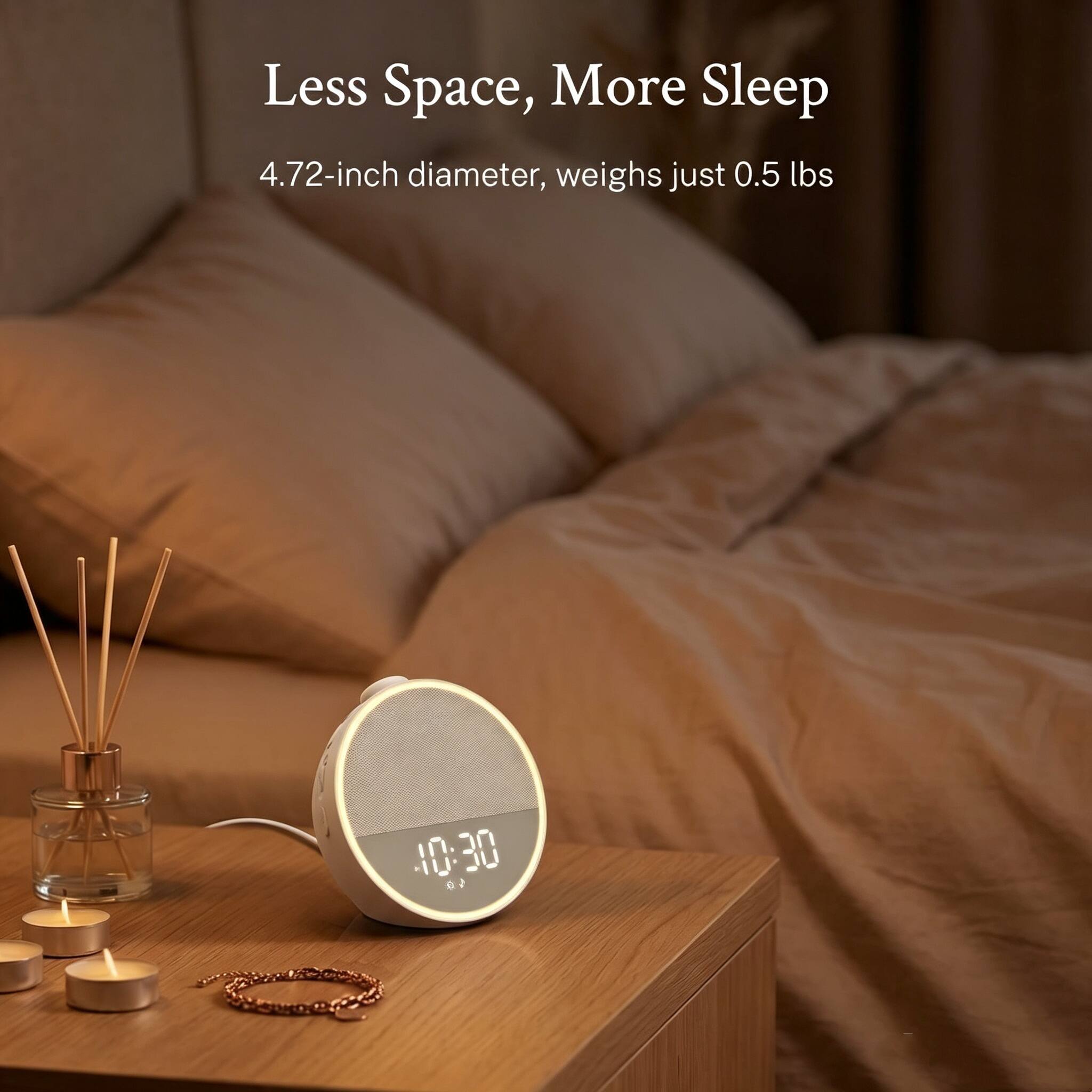 Less Space, More Sleep  
4.72-inch diameter, weighs just 0.5 lbs  
10:30