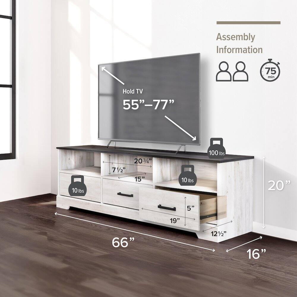 Assembly Information  
75 min  
Hold TV 55"-77"  
10 lbs  
2034  
7 1/2"  
15"  
10 lbs  
100 lbs  
20"  
5"  
19"  
66"  
12 1/2"  
16"