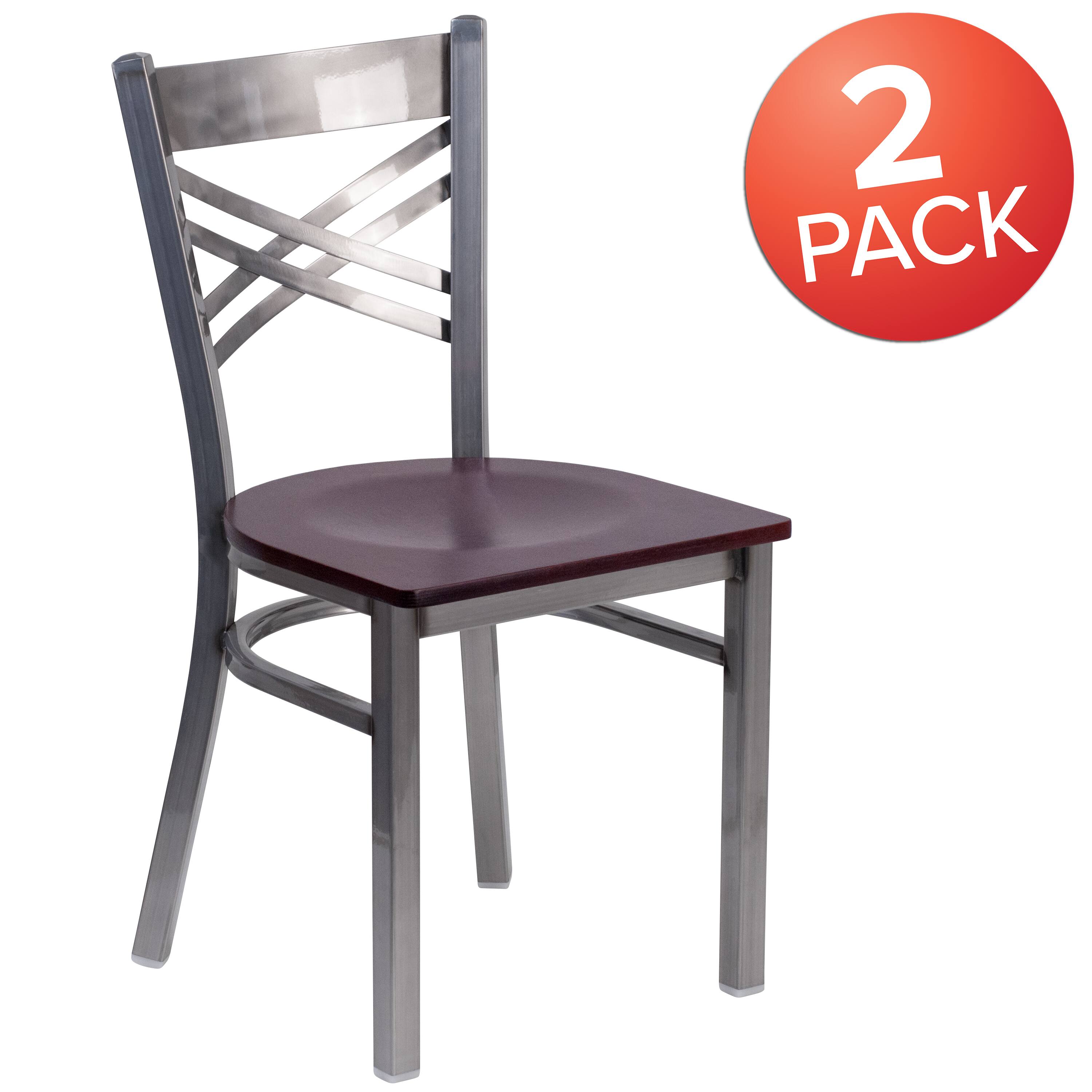 Alt View 1. Emma + Oliver - 2 Pack Clear Coated "X" Back Metal Restaurant Chair - Mahogany Wood Seat/Clear Coated Metal Frame.