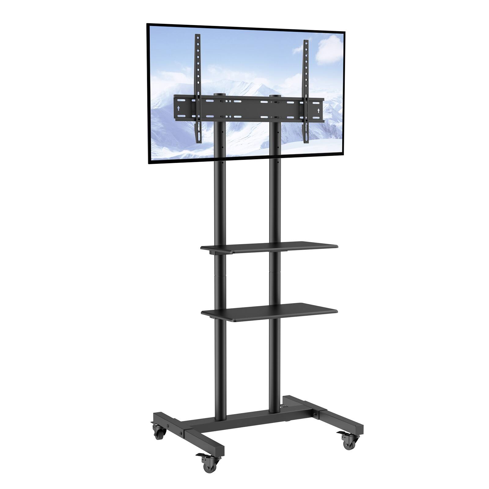 Front. MERAVOM - Mobile TV Stand, Mobile TV Cart for 32 to 70 inch TVs, Height Adjustable Portable TV Stand with Wheels, Double Tray - Black.