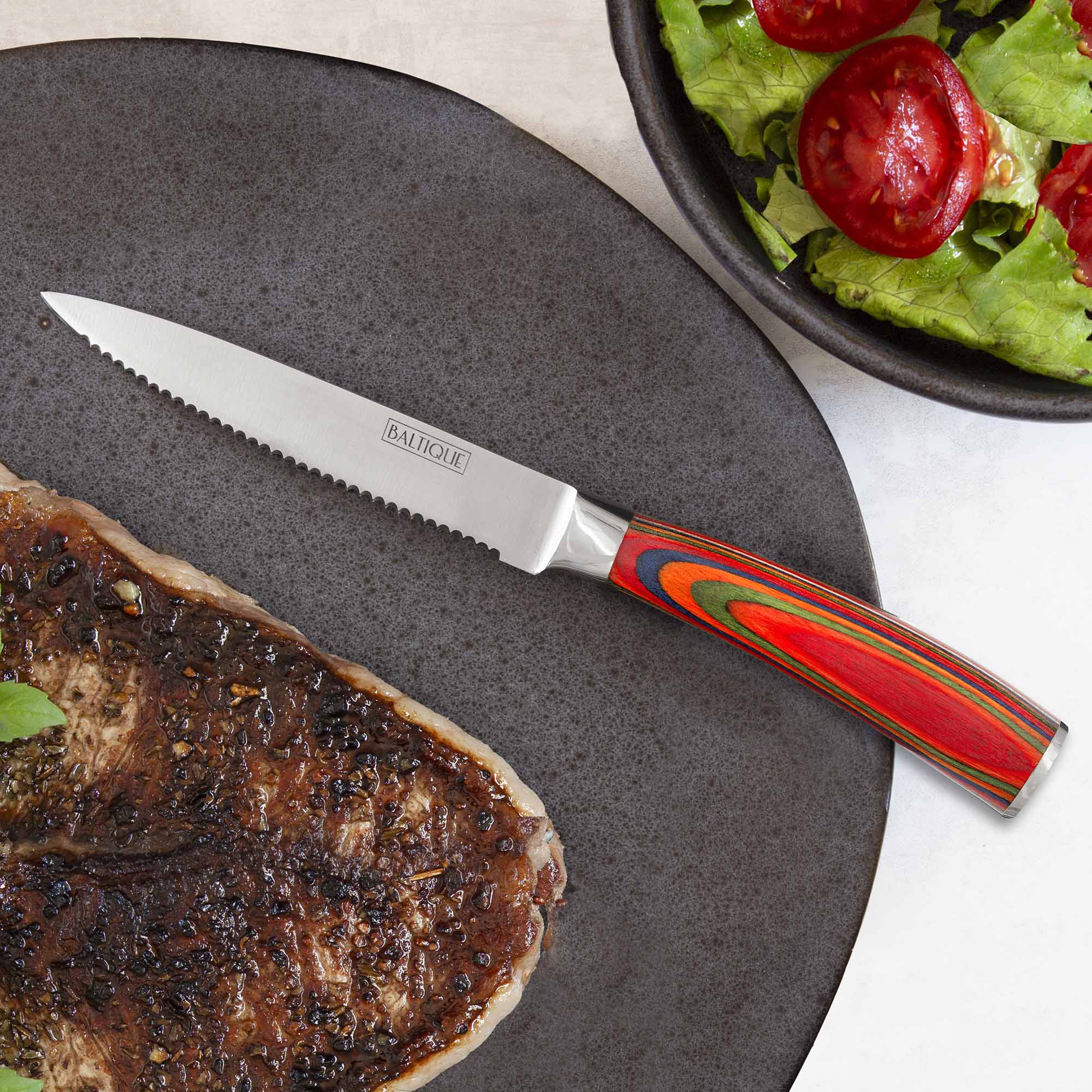 Angle. Baltique - Marrakesh Collection Kitchen Steak Knives Set of 6, Stainless Steel Serrated Knife Set with Colorful Handles - Red, Blue, Green, Orange.