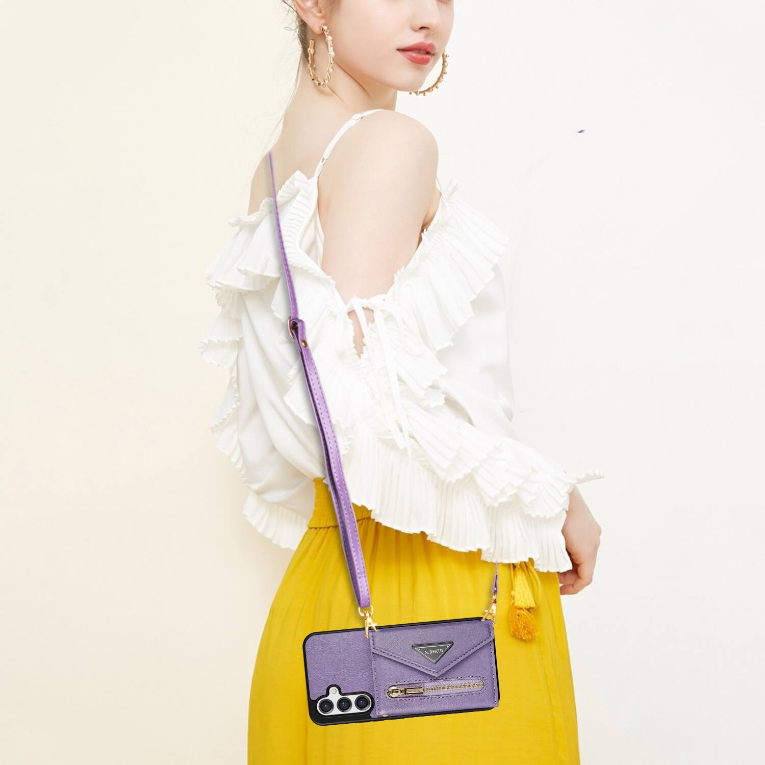 Left. Dteck - Crossbody Wallet Case for Samsung Galaxy S26+, Shockproof PU Leather Stand Cover with Zipper Pocket and Card Slots - Purple.