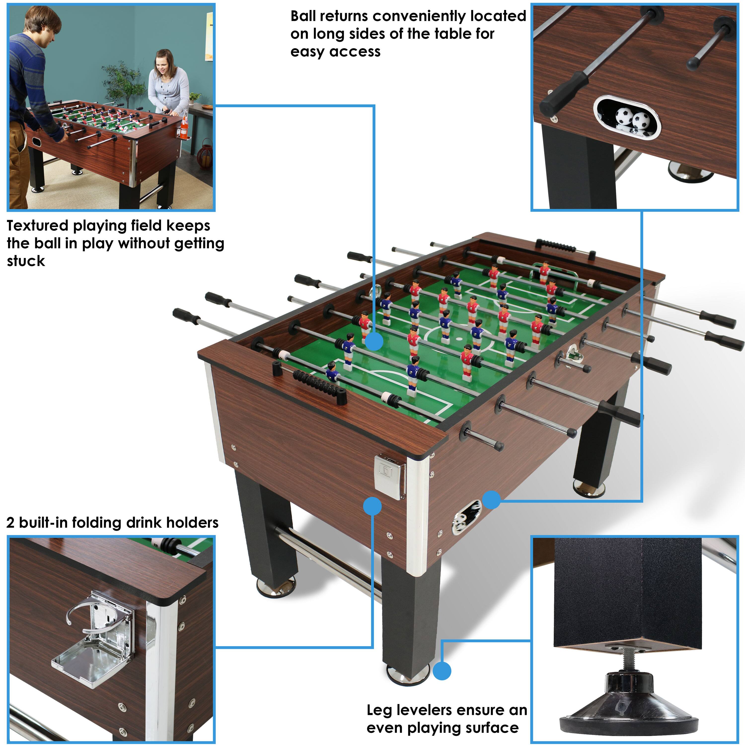 - Ball returns conveniently located on long sides of the table for easy access
- Textured playing field keeps the ball in play without getting stuck
- 2 built-in folding drink holders
- Leg levelers ensure an even playing surface