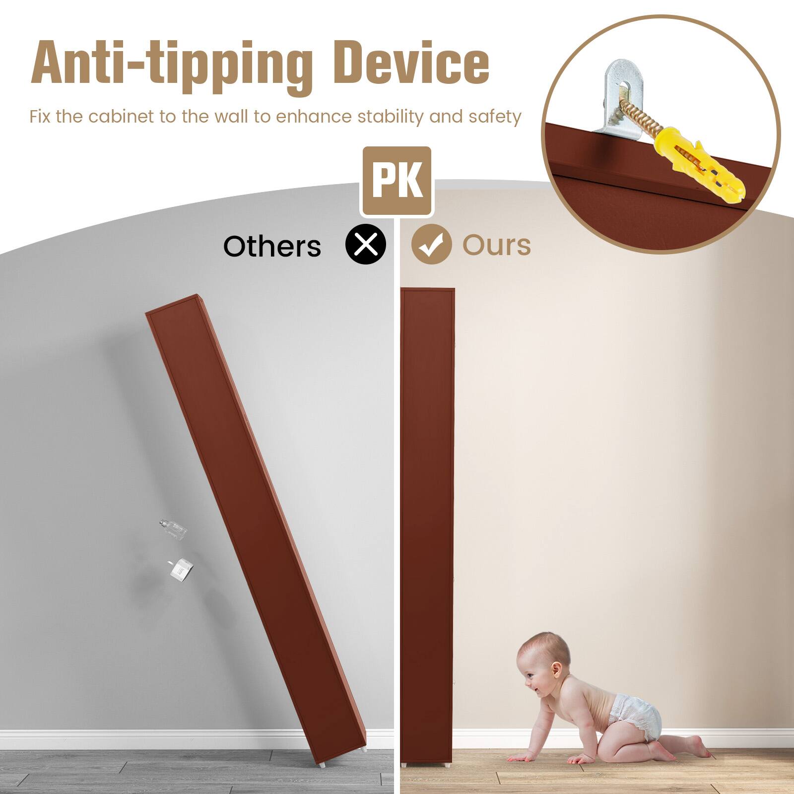 Anti-tipping Device Fix the cabinet to the wall to enhance stability and safety PK Others Ours