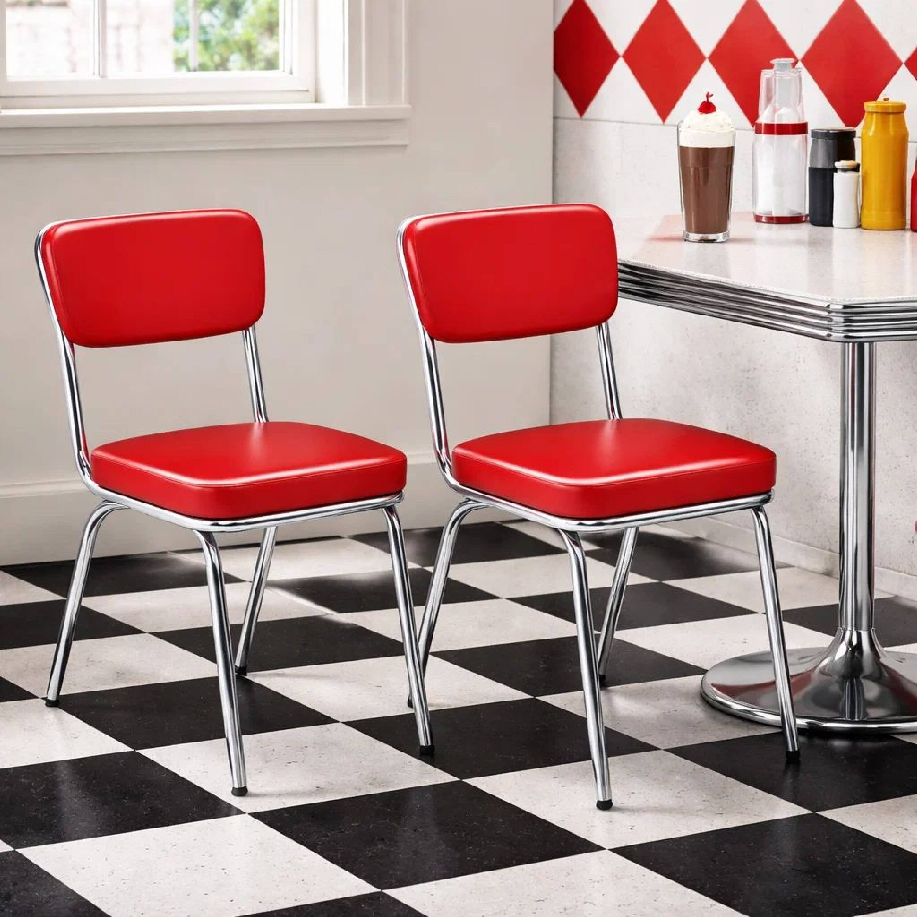 Alt View 6. Manhattan Lane - Dining Side Chair Set of 2, Retro Red Faux Leather, Chrome Metal Legs - Red, Chrome, White.
