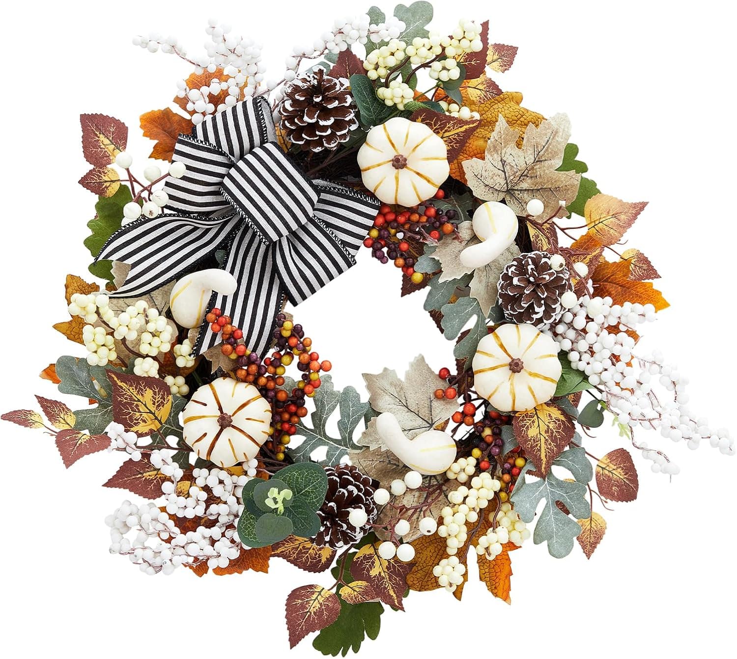 Jojoka - 20-in Orange White Fall Wreath for Indoor Outdoor Holiday Decorations - Green