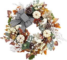 GARVEE - 20 Inch Fall Wreath for Front Door, Autumn Maple Leaves Wreath with White Pumpkins Stripe Bow Farmhouse Decorations - Green