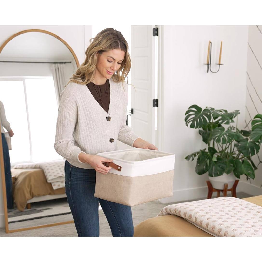 Alt View 8. Dapper Styles - Fabric Storage Baskets For Shelves 15x11in Closet Bins Cloth Organizing Linen Organizers Basket - - Beige / Off-White-Small - 6pc.